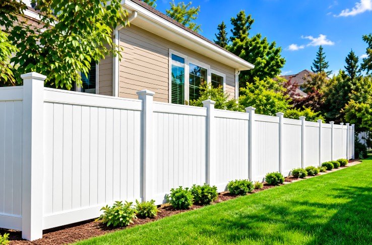 New white vinyl privacy fence along a home and lawn