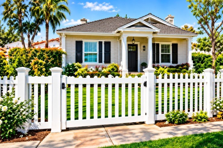 Residential white vinyl picket fence and gate in front of a home