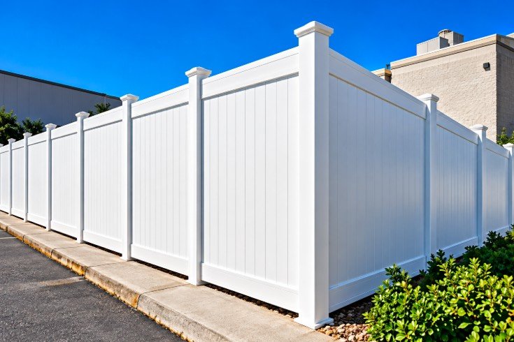 Commercial white vinyl privacy fence along a parking area