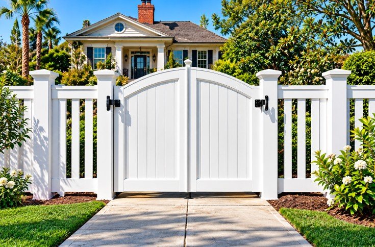 Custom arched white vinyl gate with picket fence