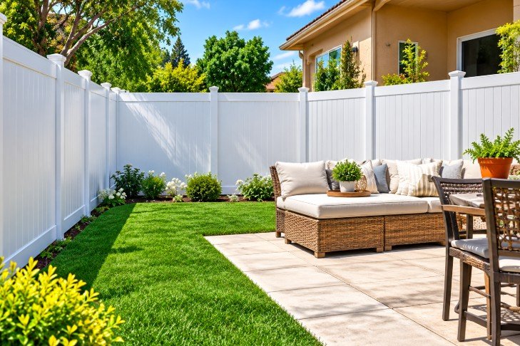 Private backyard patio surrounded by white vinyl fence