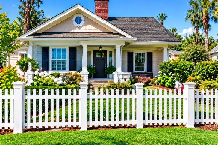 Front yard white vinyl picket fence in front of a craftsman home
