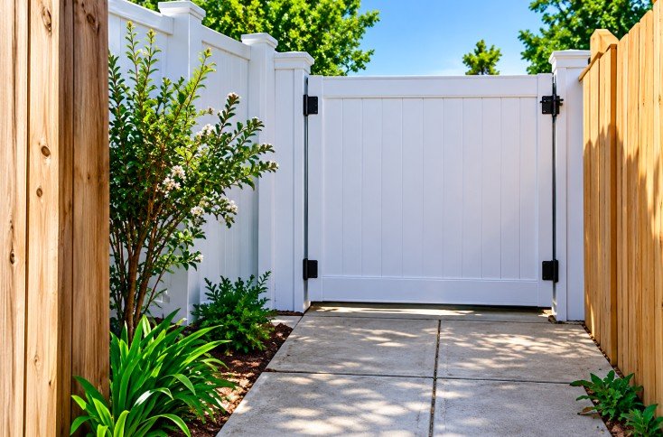 White vinyl side yard gate between two walls