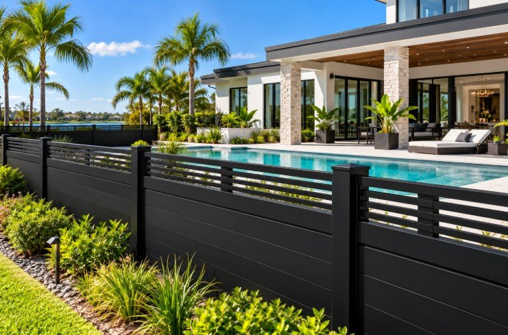 Black horizontal vinyl fence around a modern pool area
