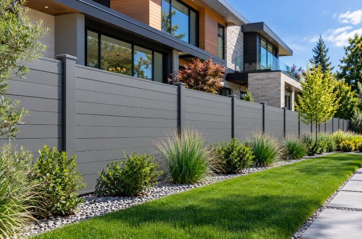 Modern gray horizontal vinyl fence in front of a contemporary home