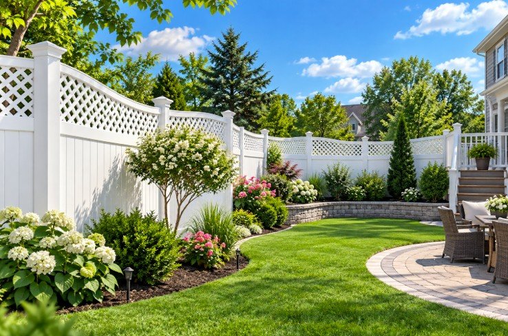 White lattice-top vinyl privacy fence around a landscaped backyard