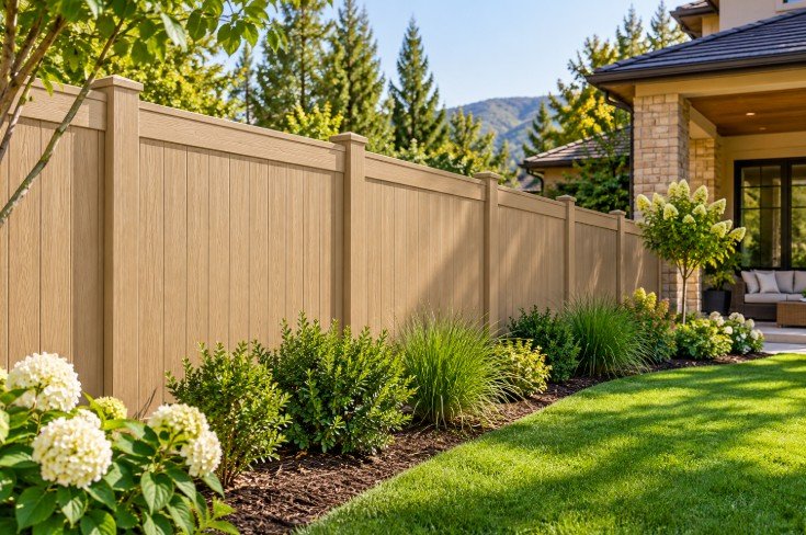 Tan vinyl privacy fence along a landscaped backyard