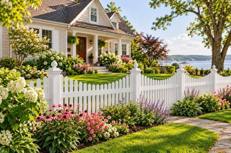 White vinyl picket fence with scalloped top in front of a cottage home